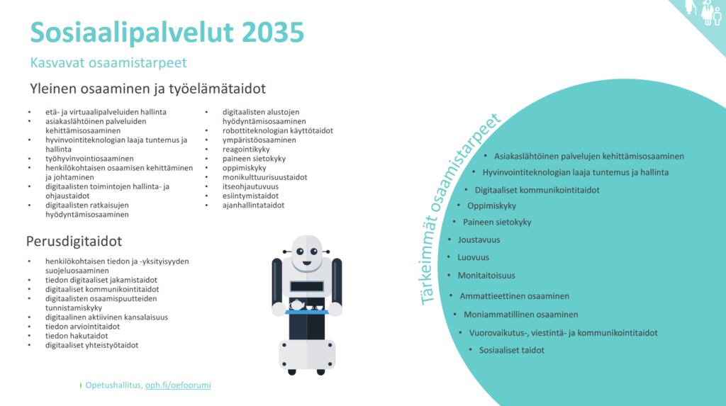Sosiaalipalveluiden kasvavat osaamistarpeet, yleinen osaaminen ja työelämätaidot sekä perusdigitaidot on koottu listaksi, joka löytyy kokonaisuudessaan Opetushallituksen sivulta. www.oph.fi. Näiden läpikäyminen voi hyödyttää kun on aika hakea kesätyötä.