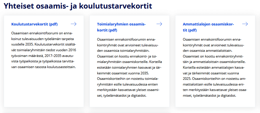 Opetushallituksen sivulta kuvakaappaus, jossa esitellään yhteiset osaamis- ja koulutustarvekortit. Käytä näytä hyödyksi kesätyön haussa.